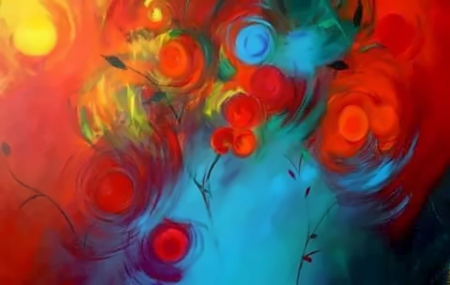 Tela abstrata em vermelho, laranja e azul, com formas circulares como flores em redemoinho.
