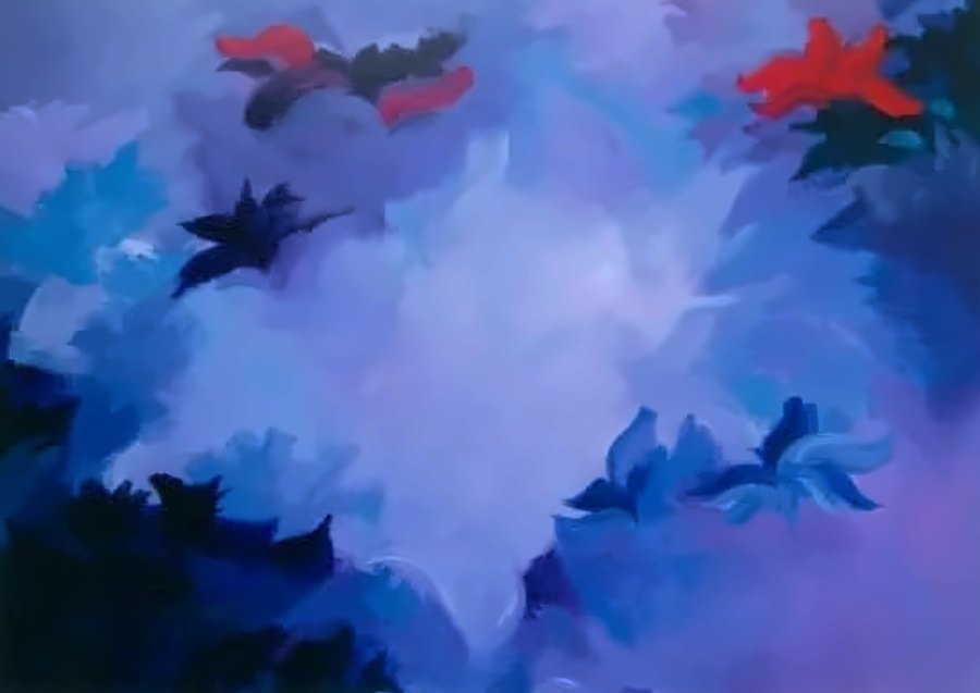 Tela abstrata em tons de azul e roxo, com formas escuras de flores.